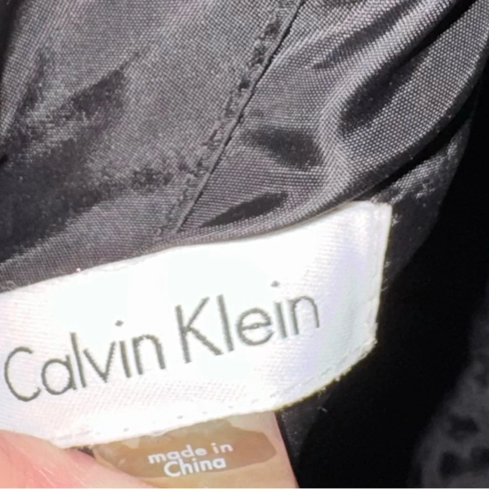 Calvin Klein Black High Low Evening Gown with Silver Swirl Embroidery